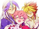  ascot blonde_hair blue_hair blush closed_eyes friends grin hair_between_eyes hashiko_(pecopom) holding_hands iii_(yuu-gi-ou_zexal) interlocked_fingers iv_(yuu-gi-ou_zexal) laughing light_smile multicolored_hair multiple_boys pink_hair smile spiked_hair tears v_(yuu-gi-ou_zexal) white_background yuu-gi-ou yuu-gi-ou_zexal 