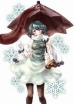  blue_eyes blue_hair breasts dress heterochromia highres karakasa_obake large_breasts mittens namuko pantyhose purple_umbrella red_eyes scarf short_hair smile snowflakes solo tatara_kogasa touhou umbrella white_background 