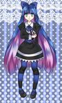  1girl blue_eyea blue_eyes gothic_lolita hair_ribbon log_hair lolita_fashion long_hair multicolored_hair panty_&amp;_stocking_with_garterbelt panty_(psg) pink_hair purple_hair ribbon solo stocking_(psg) striped striped_legwear striped_stockings stuffed_toy thighhighs toy two-tone_hair 