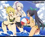  alternate_hairstyle animal ashita_kara_ganbaro ball beachball bikini black_hair black_sarong blonde_hair day fang ganaha_hibiki green_eyes hamster hamuzou high_ponytail hoshii_miki idolmaster idolmaster_(classic) long_hair multiple_girls ponytail red_eyes sarong shijou_takane silver_hair swimsuit wading water 