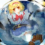  alice_margatroid belt blonde_hair blue_dress boots capelet cup dress hairband matsushita_yuu partially_submerged short_hair solo teacup thighhighs touhou water wet wet_clothes white_legwear wrist_cuffs yellow_eyes 