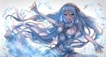  1girl aqua_(fire_emblem_if) blue_hair dress elbow_gloves fingerless_gloves fire_emblem fire_emblem_if gloves highres jewelry long_hair nintendo open_mouth pendant pikapika_hoppe simple_background solo veil water white_background white_dress white_gloves yellow_eyes 