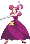  1girl bare_shoulders breasts cleavage collarbone dancer dress elbow_gloves gloves gym_leader huge_breasts large_breasts long_hair looking_at_viewer melissa_(pokemon) merissa_(pokemon) nintendo pokemon pokemon_(anime) pokemon_(game) purple_eyes purple_hair quad_tails shiny shiny_skin shoes smile solo white_gloves 