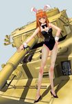  animal_ears black_eyes bow bowtie brown_hair bunny_ears bunnysuit detached_collar fishnet_pantyhose fishnets frills ground_vehicle highres katayama_makoto long_hair military military_vehicle motor_vehicle on_vehicle original pantyhose tank tiger_i wrist_cuffs 