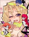  blonde_hair blue_hair chibi duel_monster eyeshadow feathered_wings feathers harpie_lady harpie_lady_sisters harpy heart kuchibashi kujaku_mai lowres makeup monster_girl multiple_girls one_eye_closed open_mouth orange_hair pointy_ears purple_eyes red_hair wings yuu-gi-ou yuu-gi-ou_duel_monsters 