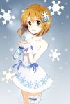  :d bob_cut brown_eyes brown_hair dress garters hagiwara_yukiho hair_ornament idolmaster idolmaster_(classic) koro_paso open_mouth ribbon short_hair smile snowflake_hair_ornament snowflake_liliput snowflakes solo 