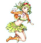 :o blush boots breasts cleavage full_body goggles goggles_on_head green_eyes green_hair gumi medium_breasts megpoid_(vocaloid3) midriff navel open_mouth short_hair simple_background skirt solo star underboob vocaloid white_background yuzuki_kihiro 