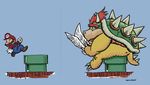  bowser butt button chubby claws clothing darick_maasen dragon facial_hair fist footwear gloves hair hat headgear human humor jumping koopa lizard looking_back male mammal mario_bros mustache newspaper nintendo overalls paper plain_background plumber reading reptile scalie shell shirt shoes sitting spikes spread_legs spreading turtle unknown_artist video_games warp_pipe yellow_skin 
