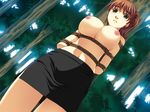  bdsm bondage bound breasts brown_hair dutch_angle forest game_cg kogure_mayumi large_breasts nature rope skirt solo wakazuma_mangekyou yuzuchichi 