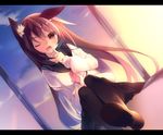  ;d animal_ears bad_id bad_pixiv_id black_legwear brown_eyes brown_hair cloud fang kanora long_hair one_eye_closed open_mouth original pantyhose school_uniform serafuku sky smile solo sunset window 