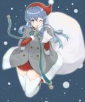  1girl alternate_costume blue_eyes blue_hair christmas finger_to_mouth gloves gotland_(kantai_collection) grey_gloves grey_robe hat highres holding holding_sack kantai_collection kodama_(user_rnfr3534) long_hair long_sleeves mole mole_under_eye one_eye_closed robe sack santa_costume santa_hat smile solo thighhighs white_legwear 