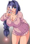  blue_eyes blush braid breasts cellphone cleavage hair_intakes kanon large_breasts long_hair looking_at_viewer mature minase_akiko phone purple_hair recursion ribbed_sweater single_braid smile solo soushin_souma sweater thighs 