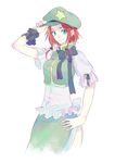  alternate_hair_length alternate_hairstyle blue_eyes braid hand_on_hip hat highres hong_meiling kintaro red_hair ribbon short_hair simple_background smile solo star touhou twin_braids white_background wrist_cuffs 