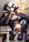  black_legwear breasts cleavage crossed_legs gauntlets gigginox_(armor) kenzy large_breasts monster_hunter monster_hunter_3 navel red_eyes short_hair silver_hair sitting smile solo thighhighs toned watermark web_address 