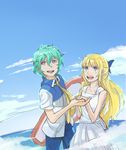  1girl aqua_hair azugo_(yifanwu) blonde_hair blue_eyes bow cloud day dress eureka_seven_(series) eureka_seven_ao fleur_blanc fukai_ao hair_bow long_hair ocean purple_eyes sky 