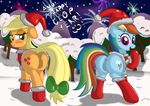  appllejack butt christmas clothing duo english_text equine female feral friendship_is_magic hair hat holidays horse looking_at_viewer looking_back mammal moon multi-colored_hair my_little_pony night outside pony presenting presenting_hindquarters pussy rainbow_dash_(mlp) rainbow_dasy snow text ziemniax 