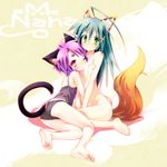  ahoge animal_ears ass bad_id bad_pixiv_id barefoot black_panties bra camisole cat_ears cat_tail eyebrows feet flat_chest fox_ears fox_tail green_eyes green_hair hair_ornament hairclip highres long_hair looking_at_viewer mao_(mizuki_kotora) mizuki_kotora multiple_girls nana_muted_xilofon nipples one_eye_closed original panties purple_hair pussy see-through short_hair sports_bra tail thick_eyebrows underwear white_bra white_panties 