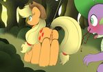  applejack_(mlp) big_butt blonde_hair blood blush butt cowboy_hat cutie_mark dragon equine female feral forest friendship_is_magic green_eyes hair hat horse long_hair male mammal my_little_pony nosebleed open_mouth outside pony pussy rope scalie smile spike_(mlp) tongue tongue_out tree v-d-k 