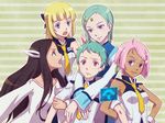  4girls :3 aqua_hair arata_naru blonde_hair blue_eyes brown_hair elena_peoples eureka eureka_seven_(series) eureka_seven_ao fleur_blanc forehead_jewel fukai_ao horizontal-striped_background hug mike_(mee627mee) mother_and_son multiple_girls pink_hair purple_eyes red_eyes striped striped_background truth_(eureka_seven) uniform 