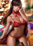  1girl artist_name box bra breasts brown_eyes choker christmas christmas_tree cleavage commentary d.va_(overwatch) english_commentary facepaint gift gift_box indoors long_hair looking_at_viewer medium_breasts navel overwatch panties red_bra red_choker red_panties red_ribbon ribbon ribbon_choker signature smile solo teeth underwear underwear_only whisker_markings zumi_(zumidraws) 