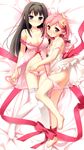  2girls absurdres ass ayase_sayuki babydoll bare_shoulders barefoot bed_sheet black_hair blue_eyes blush bow bow_panties braid breasts dress dress_lift feet flower hair_flower hair_ornament hand_on_another&#039;s_head hand_on_another's_head hand_on_head highres kantoku lingerie long_hair lying multiple_girls navel nipple_slip nipples no_bra no_shoes on_back on_side open_mouth panties panty_pull parted_lips pink_eyes pink_hair pink_panties ribbon scan sheet short_hair side_braid strap_slip thighhighs thighs tongue underwear white_dress white_legwear your_diary yua_(your_diary) yuri 