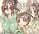  1girl 2girls age_difference breasts brother_and_sister brown_hair child eyes_closed family gift highres huge_breasts long_hair multiple_girls open_mouth original red_eyes short_hair short_ponytail siblings side_ponytail sweater tsukasawa_takamatsu tsukazawa upper_body 