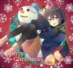  1girl :d ahoge alternate_costume bell black_hair black_legwear blue_eyes blue_jacket boots box brown_footwear brown_skirt bucket eyebrows_visible_through_hair full_body gift gift_box green_scarf hair_between_eyes holding_toy jacket jingle_bell kantai_collection looking_at_viewer merry_christmas open_mouth pantyhose scarf shigure_(kantai_collection) skirt smile snowman solo stuffed_animal stuffed_toy teddy_bear yukichi_(eikichi) 