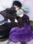  1girl black_eyes black_gloves black_hair darker_than_black dress gloves hair_ribbon hei knife long_coat long_hair pantyhose ponytail purple_dress purple_eyes reverse_grip ribbon silver_hair wire yamaneko yin 