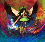  arm_cannon binayu black_hair black_wings bow colorful green_bow hair_bow long_hair red_eyes reiuji_utsuho smile solo standing touhou weapon wings 