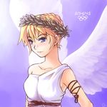  angel_wings artist_request blonde_hair blue_eyes chrono_cross collarbone kid_(chrono_cross) lowres olympic_rings olympics one-shoulder_tunic short_hair solo source_request upper_body wings wreath 