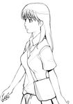  a1 bag breasts expressionless greyscale long_hair looking_away monochrome original school_uniform simple_background small_breasts solo vest walking 