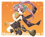  broom broom_riding double_scoop food halloween happy_halloween ice_cream long_hair orange_background original purple_eyes purple_hair shorts solo takamura_masaya twintails 