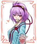  beckoning blush breasts condom condom_in_mouth fechirin komeiji_satori lowres medium_breasts mouth_hold pink_hair red_eyes short_hair solo touhou 