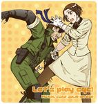  1girl artist_request bandana brown_eyes brown_hair crotch_kick eyepatch gloves gun holster kicking load_bearing_equipment metal_gear_(series) metal_gear_solid metal_gear_solid_3 metal_gear_solid_portable_ops naked_snake pantyhose para-medic_(mgs3) push-to-talk_device short_hair sleeves_rolled_up source_request stabo_harness testicles weapon 