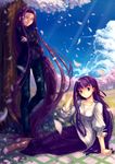  bad_id bad_pixiv_id cherry_blossoms cloud crossed_arms day fate/stay_night fate_(series) hair_ribbon kishiyo long_hair matou_sakura multiple_girls nature purple_eyes purple_hair ribbon rider sky very_long_hair wind yellow_eyes 