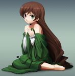  bad_id bad_pixiv_id bare_shoulders barefoot brown_hair doll_joints dress heterochromia long_hair nagian rozen_maiden solo suiseiseki undressing 