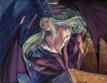  animal_print bare_shoulders bat_print bat_wings breasts cleavage demon_girl green_eyes green_hair head_wings large_breasts long_hair morrigan_aensland okojo pantyhose print_legwear purple_wings smile solo squatting succubus vampire_(game) wings 