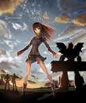  2boys balgora boots breasts brown_hair denzel_hammer green_eyes highres large_breasts long_hair long_legs mecha multiple_boys nakabayashi_reimei setsuko_ohara skirt sky sunset super_robot_wars super_robot_wars_z toby_watson 