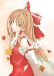  ascot autumn_leaves bow detached_sleeves frills hair_bow hair_tubes hakurei_reimu kinsenka leaf long_hair looking_at_viewer red_bow ribbon-trimmed_sleeves ribbon_trim sidelocks simple_background solo touhou very_long_hair vest white_hair 