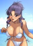  bare_shoulders bikini blush breasts cleavage cloud day glasses hanging_breasts large_breasts long_hair macross macross_frontier magaki_ryouta matsuura_nanase ocean open_mouth outdoors purple_hair side-tie_bikini sky smile solo swimsuit 