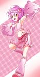  amulet_heart boots cheerleader hinamori_amu loose_socks magical_girl midriff nama_(namaiki) navel pink pink_background pink_footwear pink_hair ribbon shugo_chara! skirt socks solo visor_cap yellow_eyes 