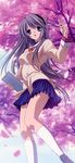  absurdres blue_eyes clannad glasses hairband highres hikarizaka_private_high_school_uniform kneehighs long_hair long_image non-web_source open_mouth petals poster sakagami_tomoyo school_uniform silver_hair skirt socks solo stick_poster tall_image very_long_hair 