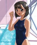  :d arm_up artist_request brown_eyes brown_hair copyright_request cowboy_shot hair_ornament hairclip indoors jpeg_artifacts looking_at_viewer non-web_source one-piece_swimsuit open_mouth pool poolside school_swimsuit shadow short_hair smile solo sparkle standing swimsuit 