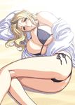  bikini blonde_hair blush breasts cleavage huge_breasts lying magaki_ryouta side-tie_bikini solo swimsuit underboob 