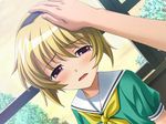  blonde_hair dress dutch_angle hairband higurashi_no_naku_koro_ni houjou_satoko jpeg_artifacts lowres non-web_source out_of_frame petting pov pov_hands rato red_eyes sailor_dress solo_focus tears 