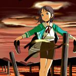  bad_id bad_pixiv_id beach blue_eyes brown_hair dock masao original short_hair solo sunset water 