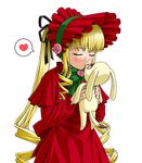  blonde_hair bonnet closed_eyes curly_hair dress frills heart ichikawa_masahiro kiss kunkun long_hair ribbon rozen_maiden shinku solo 