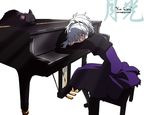  darker_than_black dress gothic_lolita grand_piano highres instrument lolita_fashion mao_(darker_than_black) pantyhose piano piano_bench purple_dress silver_hair solo yin 