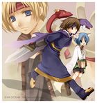  animal_ears ashton_anchors blonde_hair blue_eyes blue_hair book boots brown_hair cape cat_ears claude_kenni coat height_difference holding holding_book kurot leon_geeste looking_at_viewer multiple_boys overcoat robe running scarf shorts smile snake star_ocean star_ocean_the_second_story sword v_arms weapon 