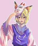  :p animal_ears bad_id bad_pixiv_id blonde_hair fox_ears fox_mask long_sleeves lowres mask no_hat no_headwear open_mouth short_hair smile solo tenpura_(tenpura621) tongue tongue_out touhou yakumo_ran 